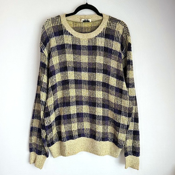 Vintage Missoni Mens Large Plaid Check Knit Sweater Made in Italy Purple Yellow - Picture 1 of 9